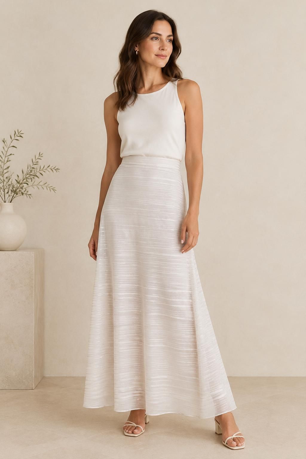 Inspiration La jupe avec le tissu GARAEEL - Voile crêpe de viscose à rayures satinées et à fils lurex argentés