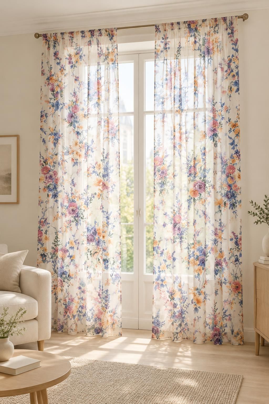 Inspiration Les voilages avec le tissu Voile de coton, motif fleuri romantique multicolore