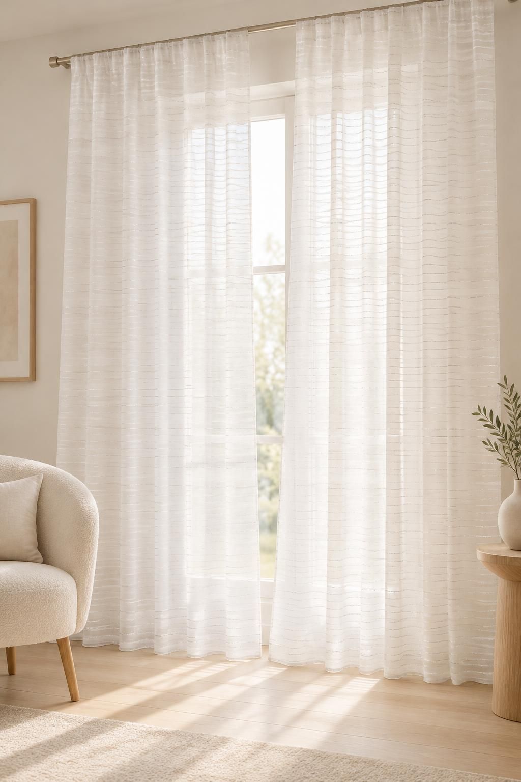 Inspiration Les voilages avec le tissu GARAEEL - Voile crêpe de viscose à rayures satinées et à fils lurex argentés