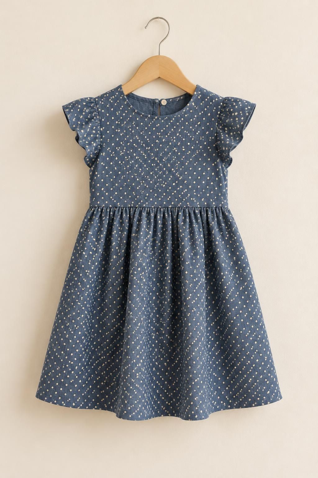 Inspiration La robe enfant avec le tissu Batiste de viscose Ecovero, petits pois blancs sur bleu jean