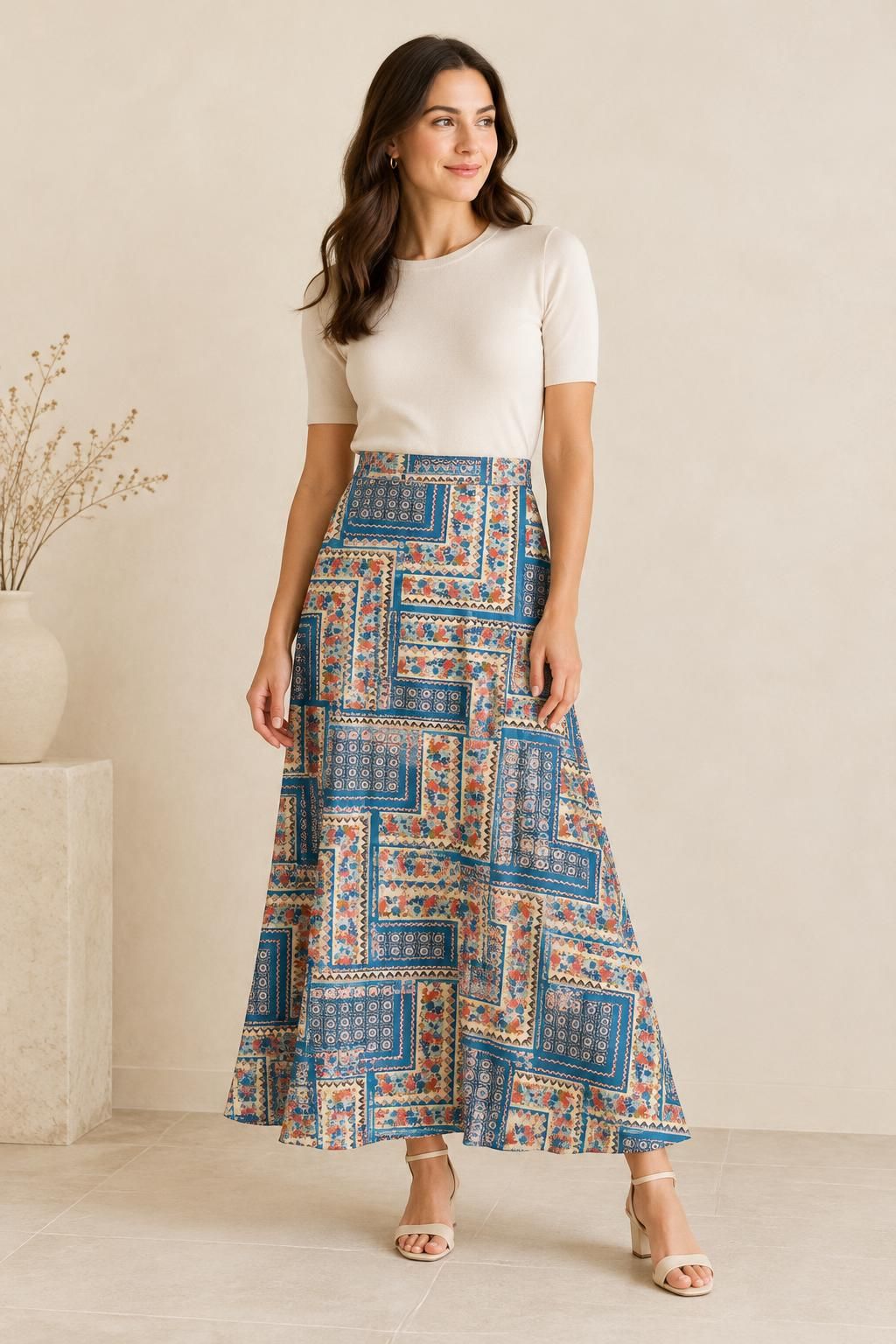 Inspiration La jupe avec le tissu Maille "bisou-bisou", motif patchwork fleuri géométrique