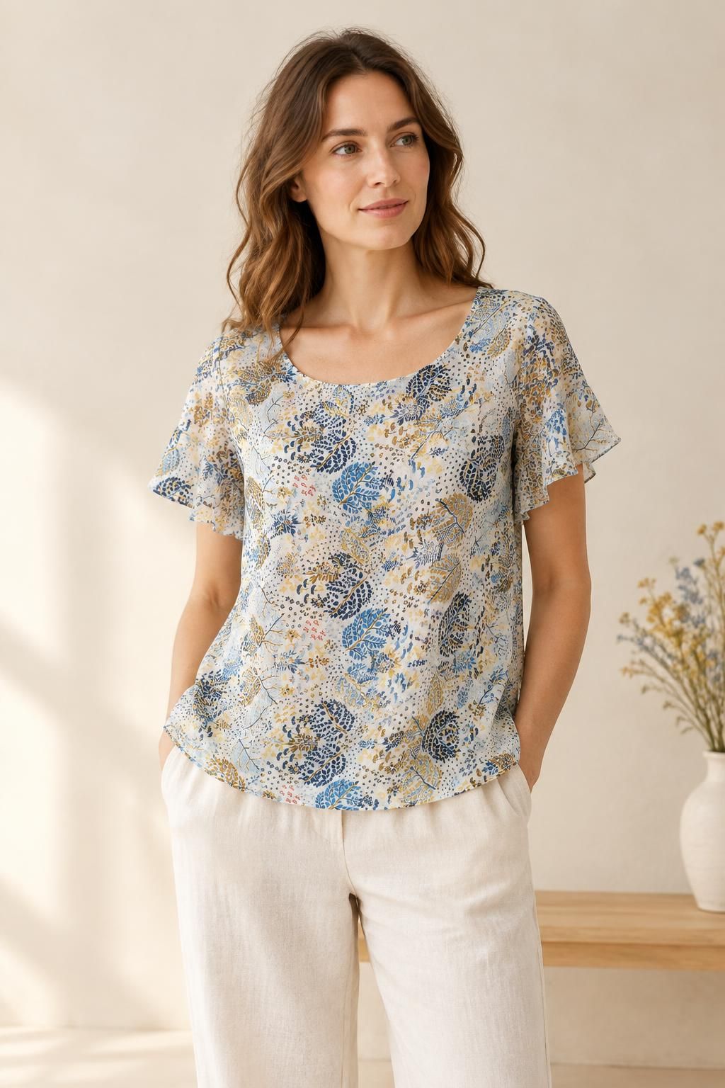 Inspiración Lo más destacado con el tejido Voile de algodón, estampado campestre de flores azules y amarillas
