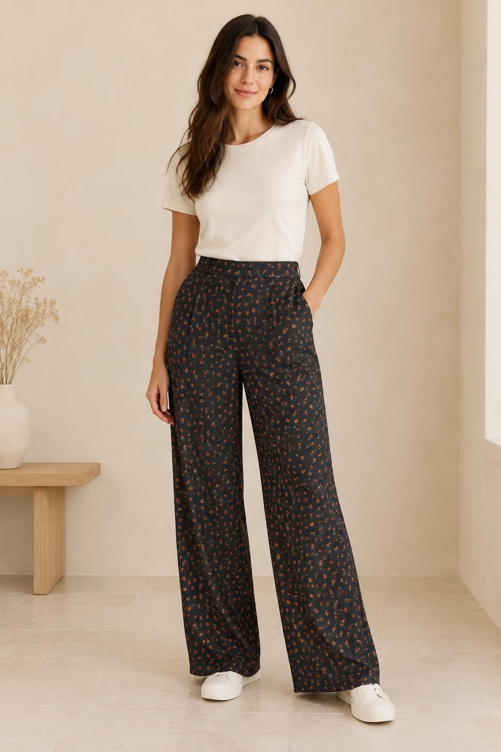Inspiration Le pantalon avec le tissu Viscose Ecovero, petites fleurs orange sur fond noir
