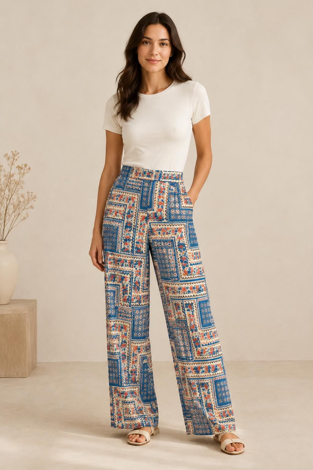 Inspiration Le pantalon avec le tissu Maille "bisou-bisou", motif patchwork fleuri géométrique