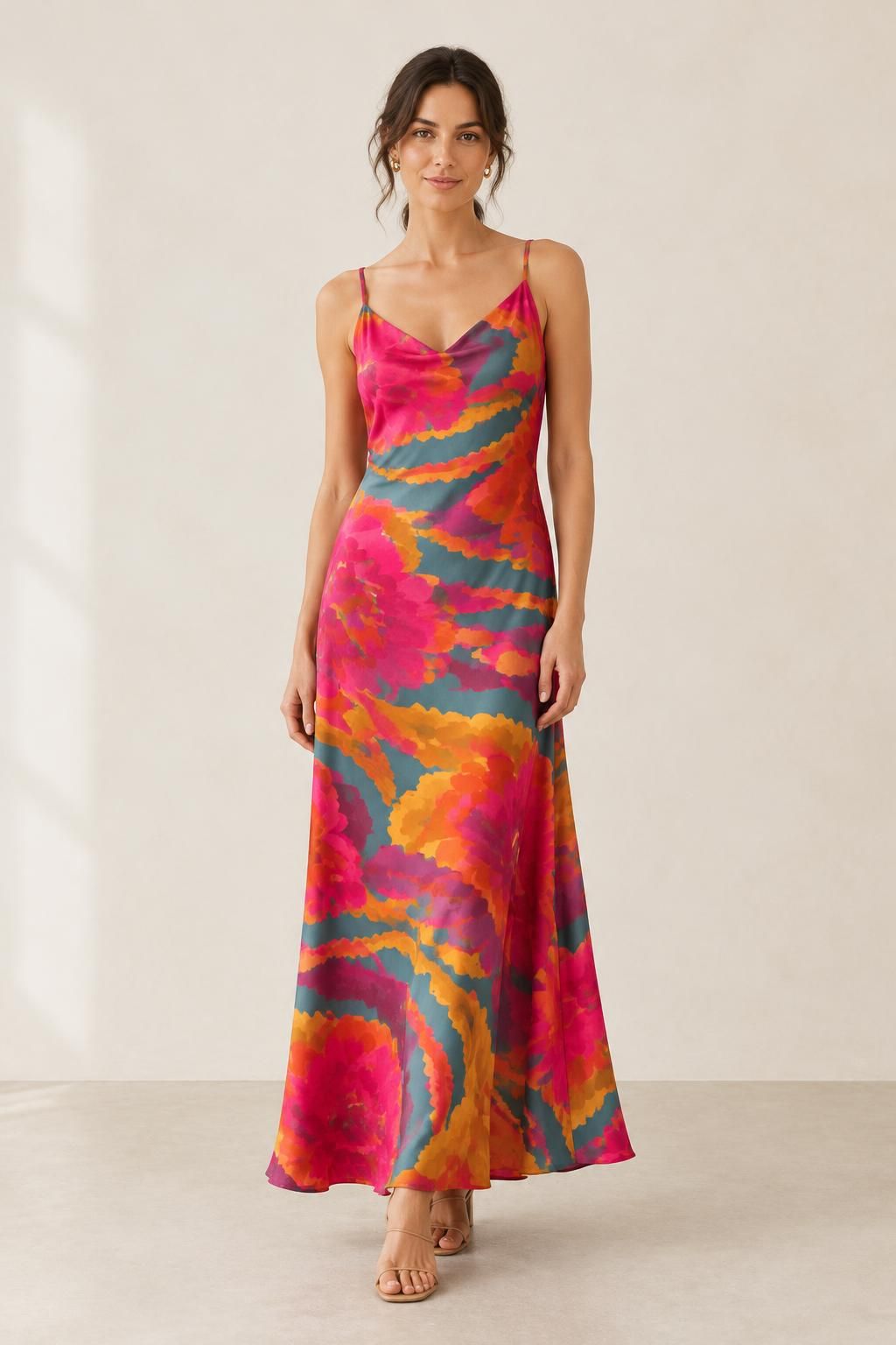 Ispirazione L’abito con il tessuto Satin di viscose leggero, grandi fiori astratti retro (leggero difetto d'aspetto)