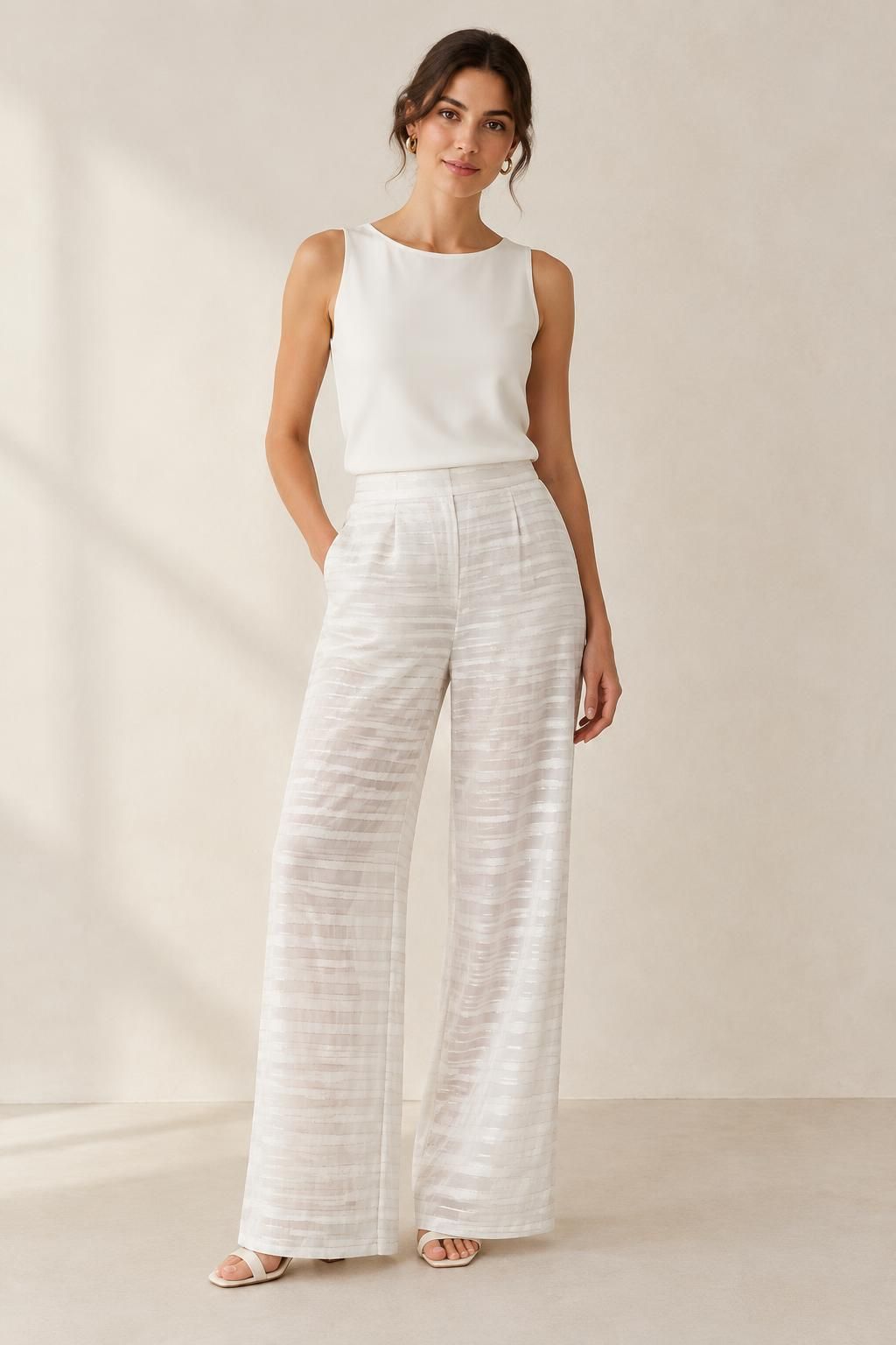 Inspiration Le pantalon avec le tissu GARAEEL - Voile crêpe de viscose à rayures satinées et à fils lurex argentés