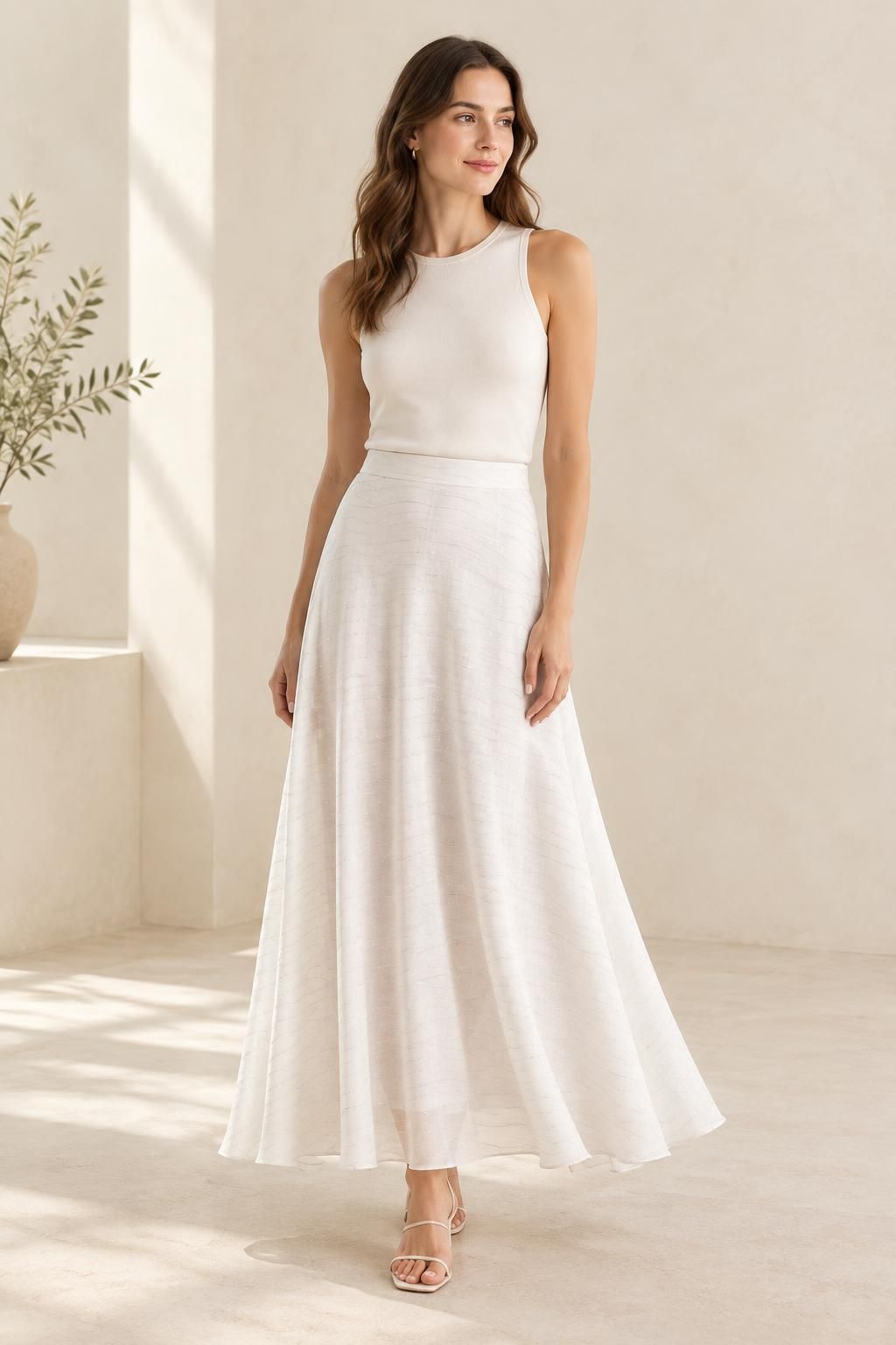 Inspiración La falda con el tejido LINE - Batiste de viscose con rayas de lurex plateadas