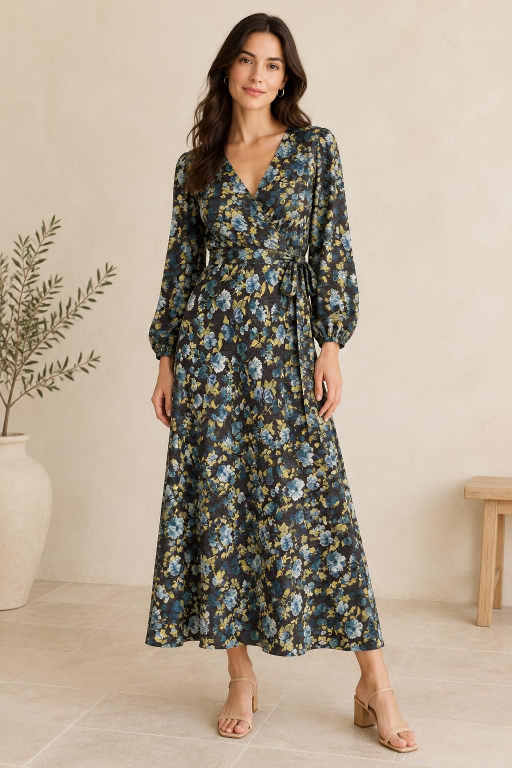 Inspiration La robe avec le tissu Satin de viscose, fleurs bleues et feuillage jaune sur fond noir