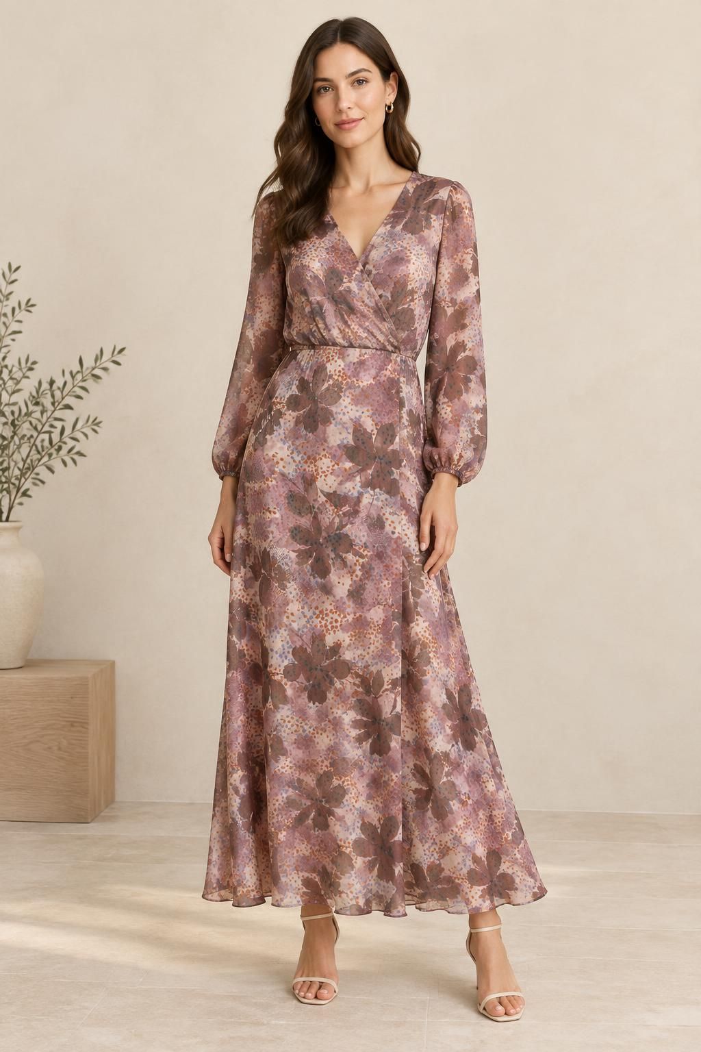 Inspiración El vestido con el tejido Satin de viscosa ligero, motivo de follaje abstracto multicolor