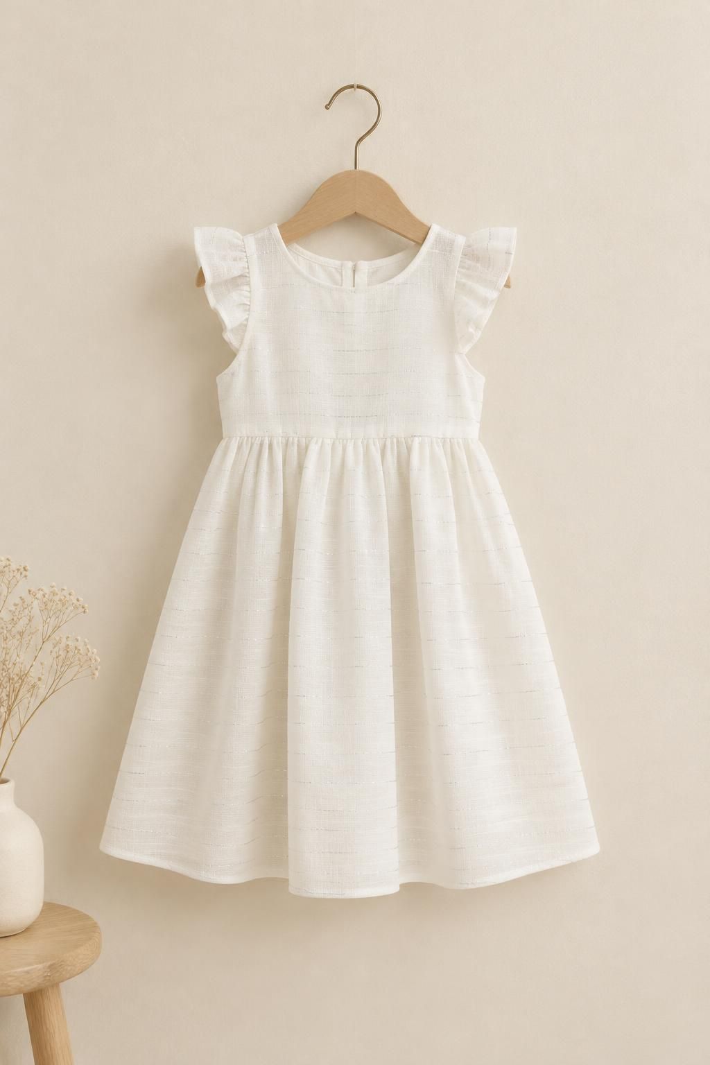 The child’s dress inspiration using SILVA - Silva - Gaze of viscose with horizontal silver lurex threads fabric