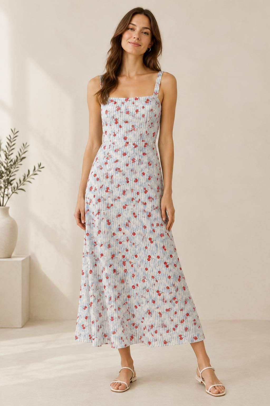 Inspiration La robe avec le tissu Viscose fluide, cerises rouges et rayures ondulées