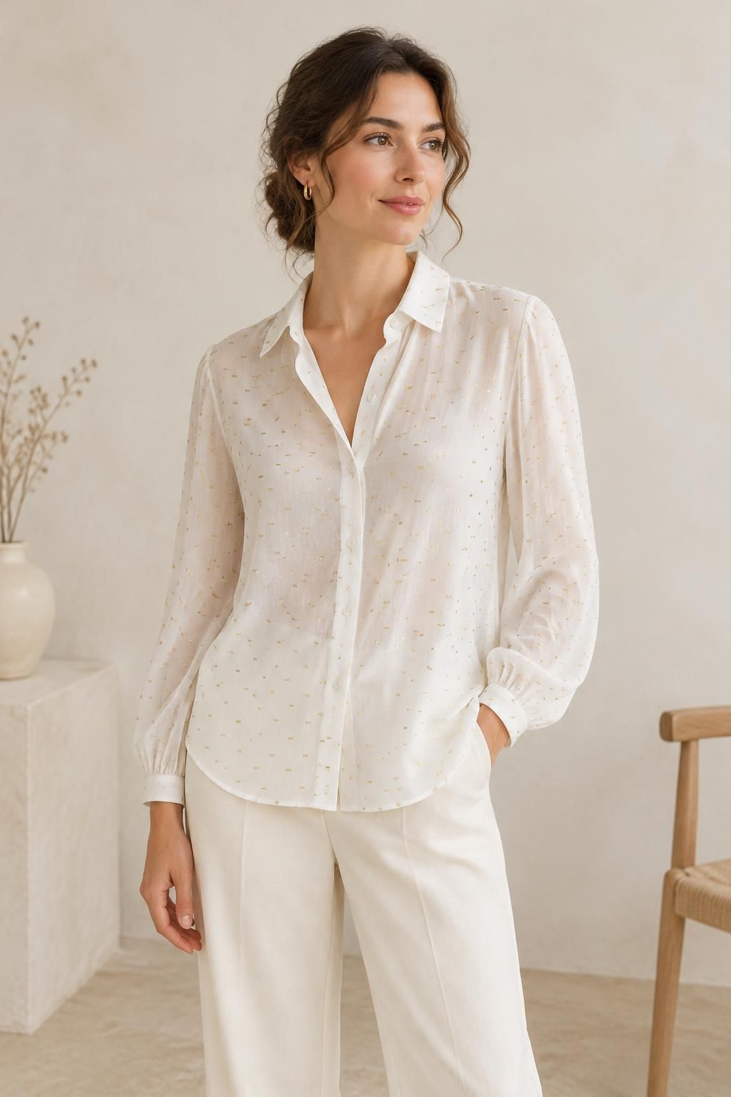 The blouse inspiration using AURÉA - Viscose batiste with gold plumetis fabric