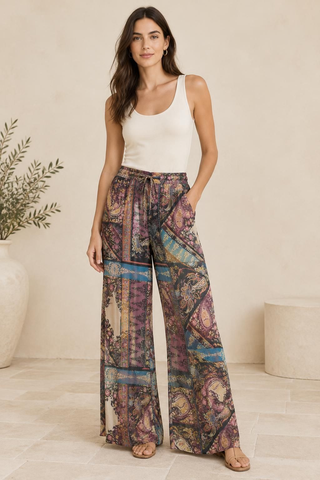 Ispirazione I pantaloni con il tessuto Voile - tessuto in voile di viscosa, patchwork floreale e cachemire bohémien