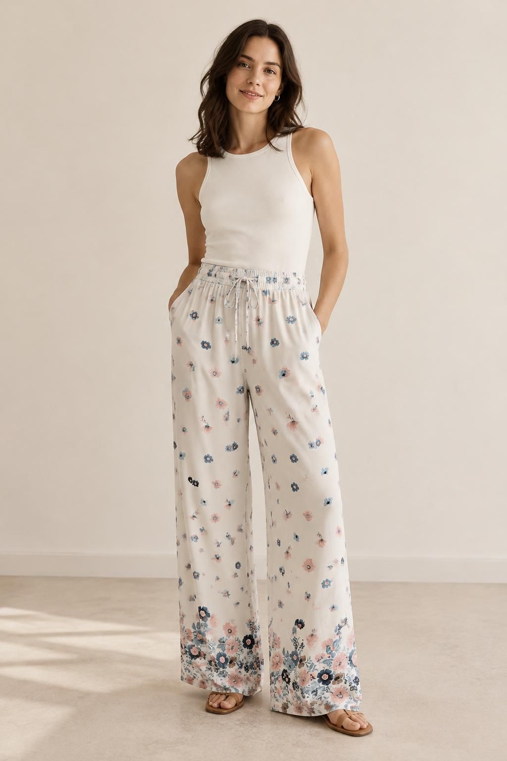 Inspiration Le pantalon avec le tissu Javanaise de viscose, motif fleuri à embase rose et bleue