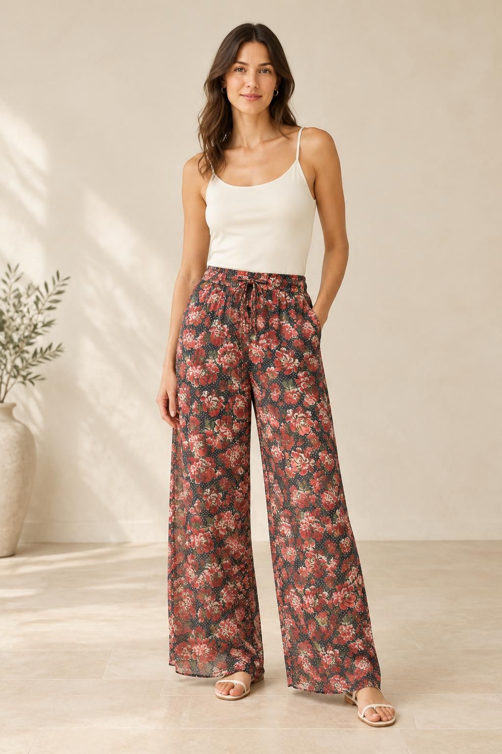 Inspiration Le pantalon avec le tissu Voile crêpe de polyester, fleurs rouges et pois blancs