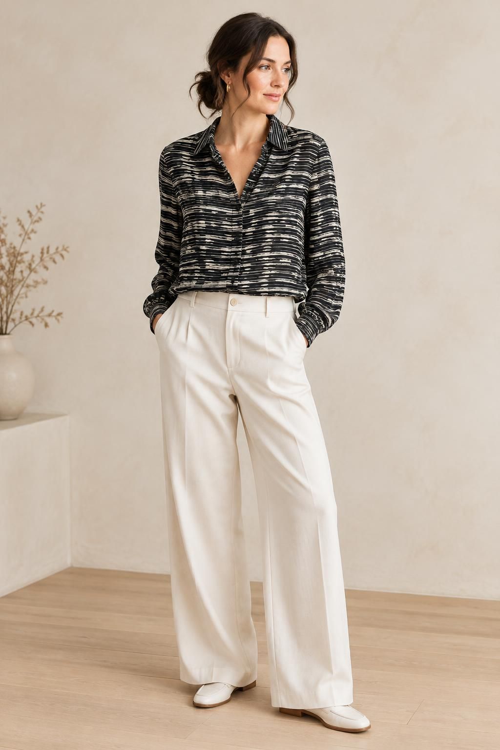 The blouse inspiration using Fluid viscose with graphic black and ecru stripes fabric