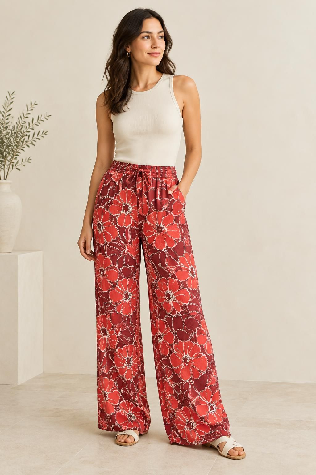 Inspiration Le pantalon avec le tissu Viscose effet froissé motif fleuri graphique multicolore