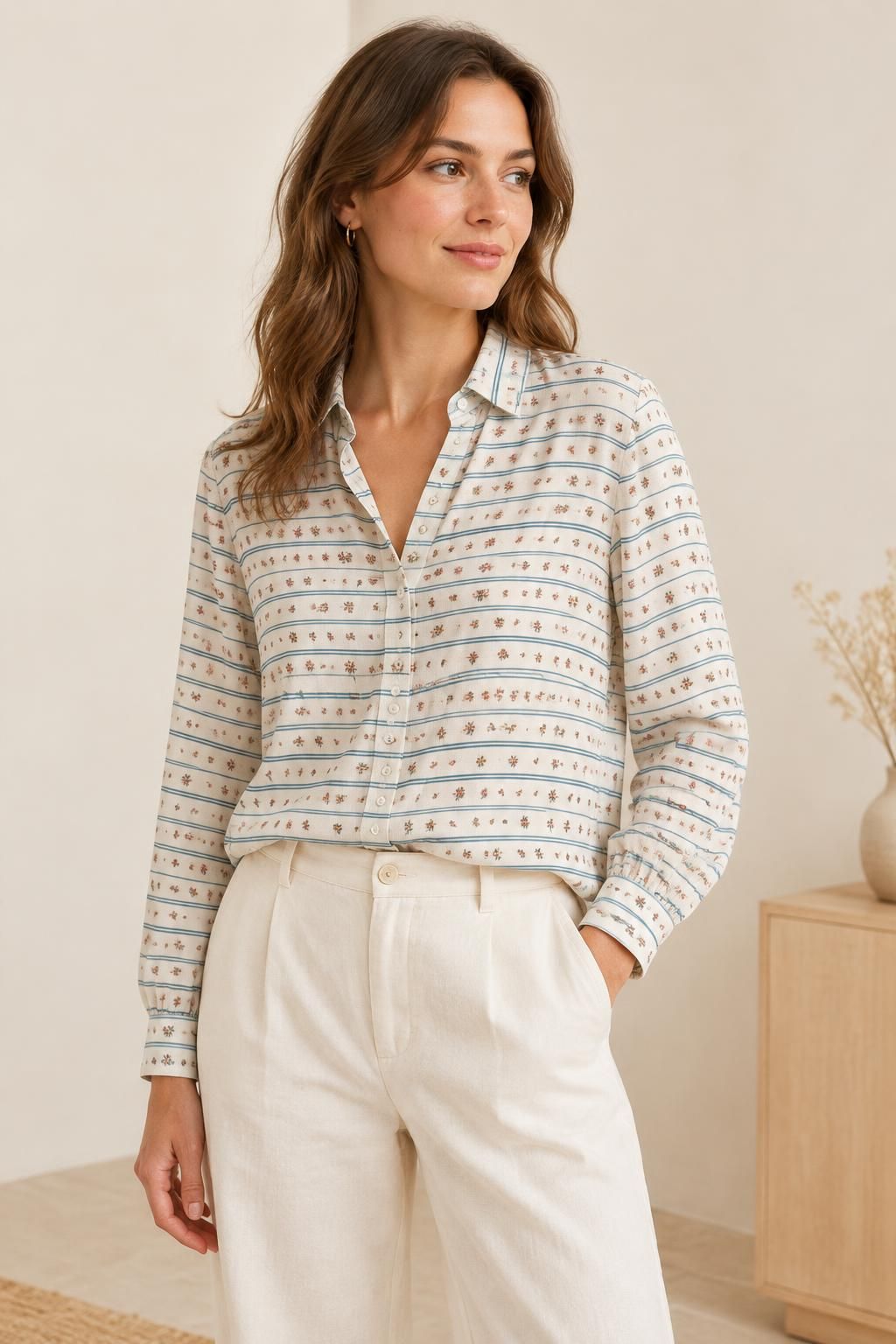Inspiration La blouse avec le tissu Viscose dessin romantique à rayures fleuries