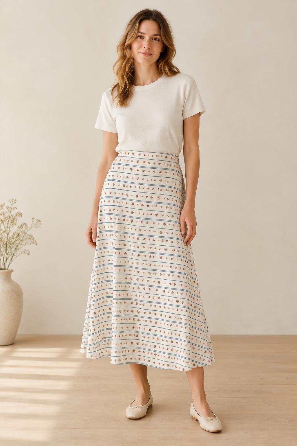 Inspiration La jupe avec le tissu Viscose dessin romantique à rayures fleuries
