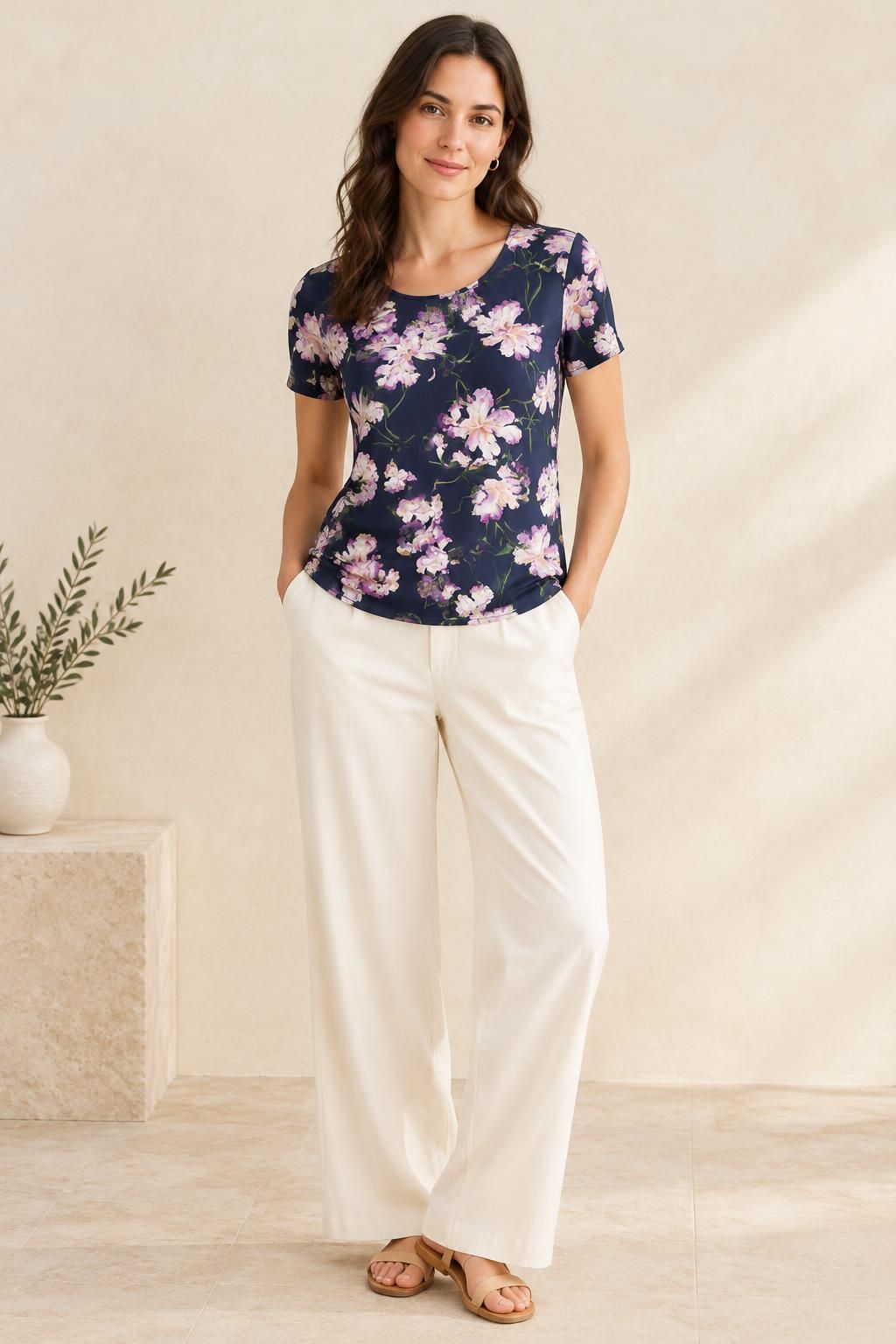 Inspiration Le top avec le tissu Jersey de viscose texturé, grandes fleurs romantiques sur fond bleu