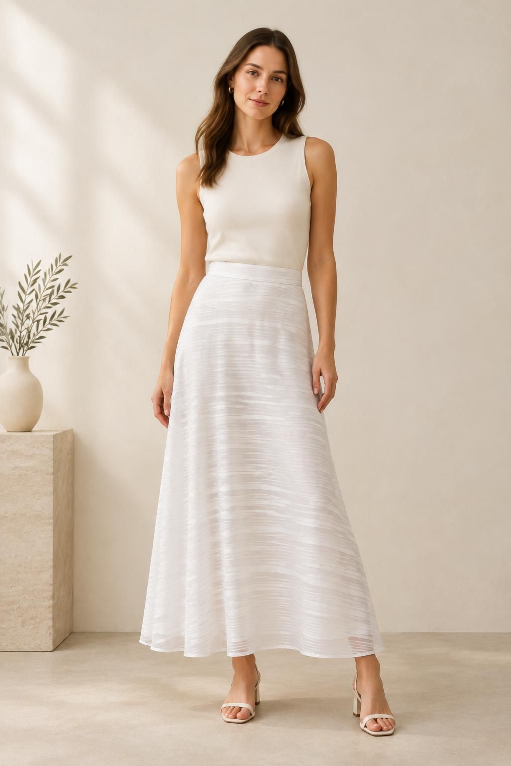 Inspiration La jupe avec le tissu GARAEEL - Voile crêpe de viscose à rayures satinées et à fils lurex argentés