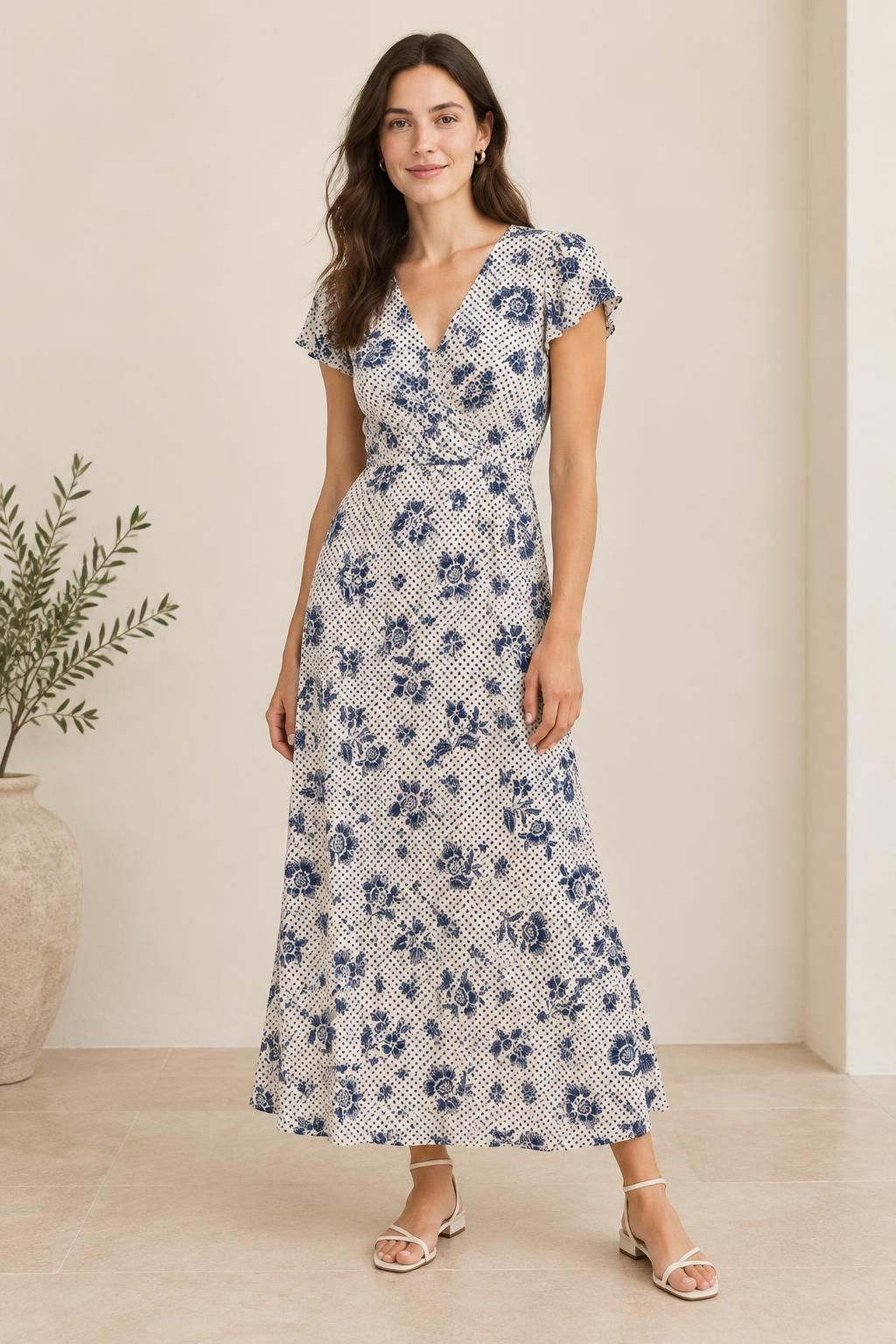 Inspiration La robe avec le tissu Viscose légere à effet froissé, fleurs et pois bleu marine sur écru