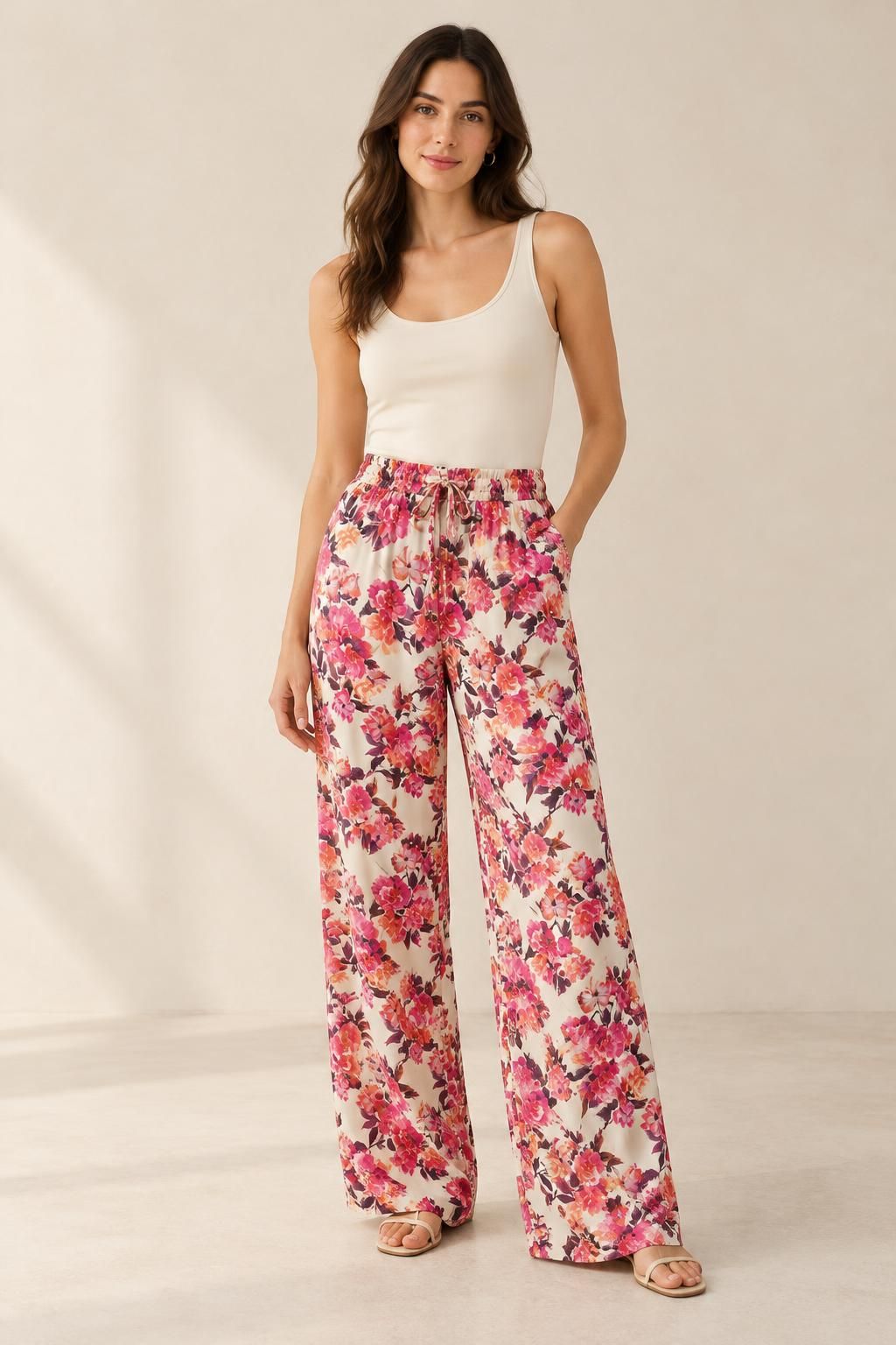 Inspiration Le pantalon avec le tissu Crêpe de polyester, motif fleuri romantique
