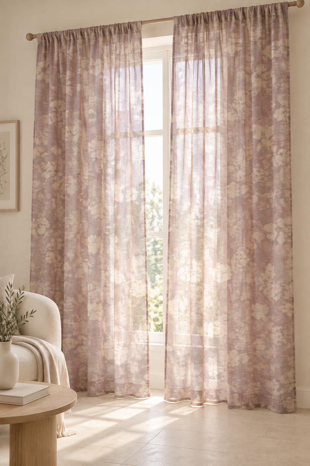 Inspiration Les voilages avec le tissu Voile gaze de viscose, motif abstrait bohème rose et beige
