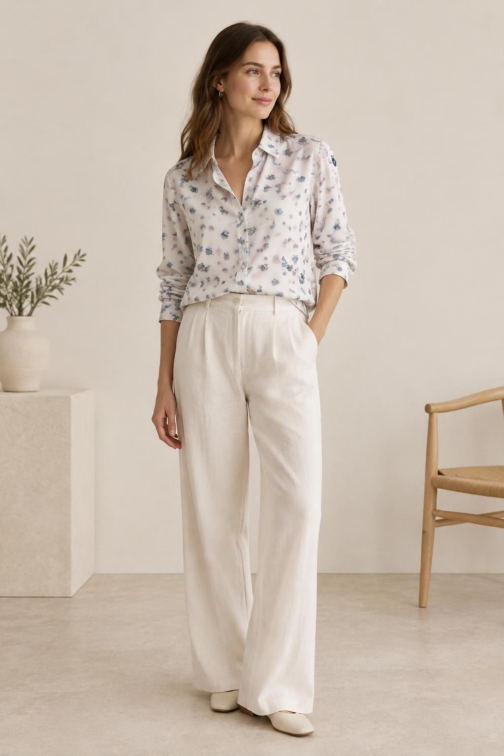 Inspiration La blouse avec le tissu Javanaise de viscose, motif fleuri à embase rose et bleue