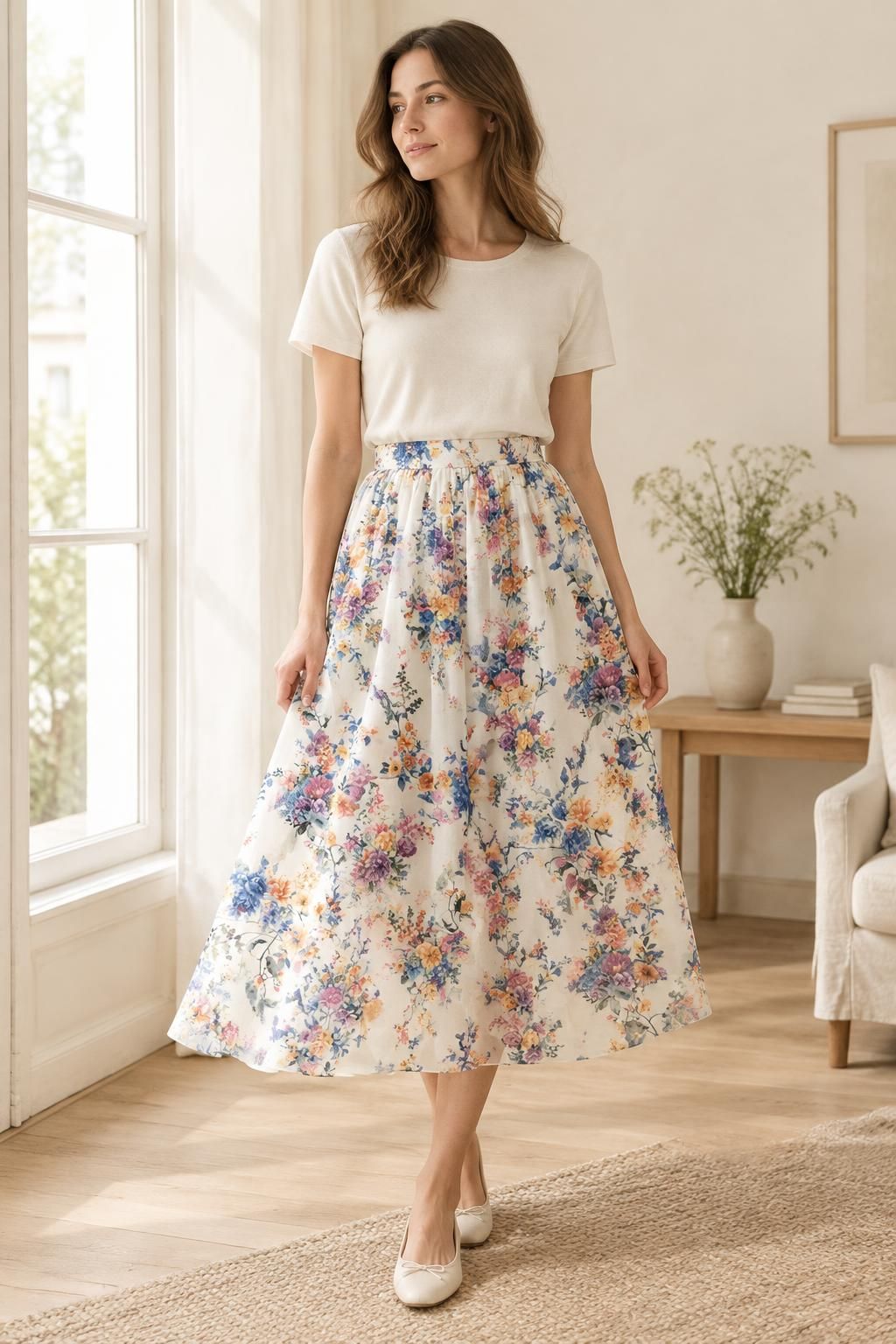 Inspiration La jupe avec le tissu Voile de coton, motif fleuri romantique multicolore