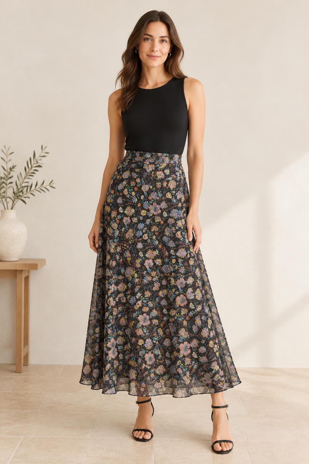 The skirt inspiration using Polyester crêpe voile, multicoloured bohemian floral pattern fabric