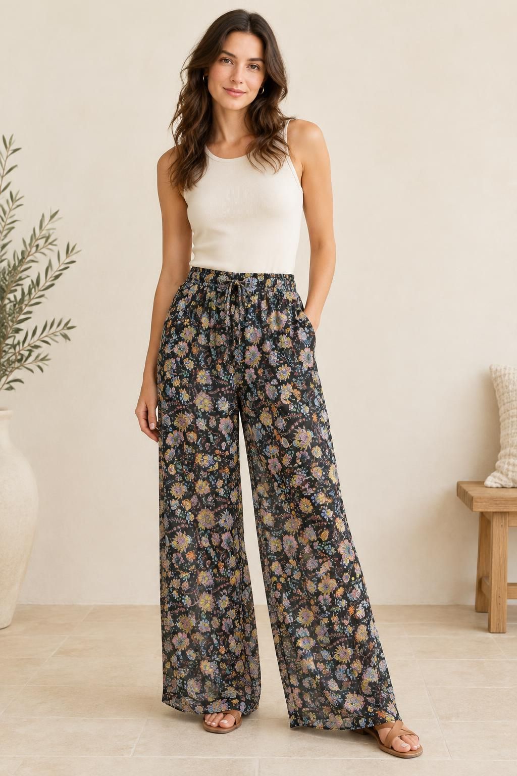 The trousers inspiration using Polyester crêpe voile, multicoloured bohemian floral pattern fabric