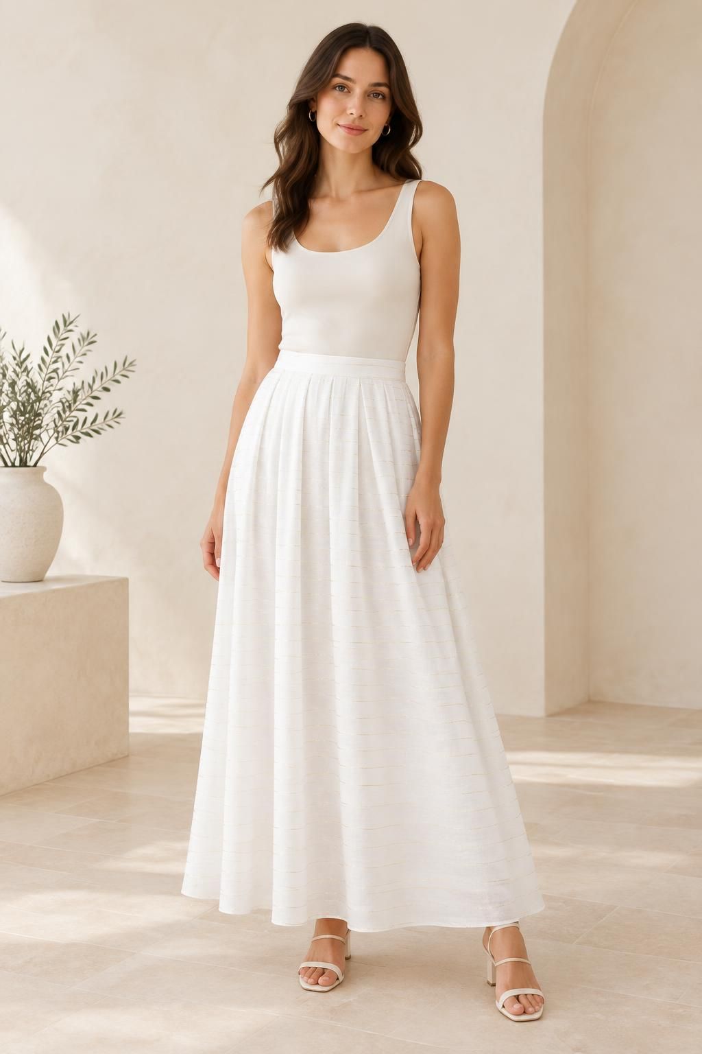 The skirt inspiration using DORIA - Gold lurex striped viscose javanaise fabric
