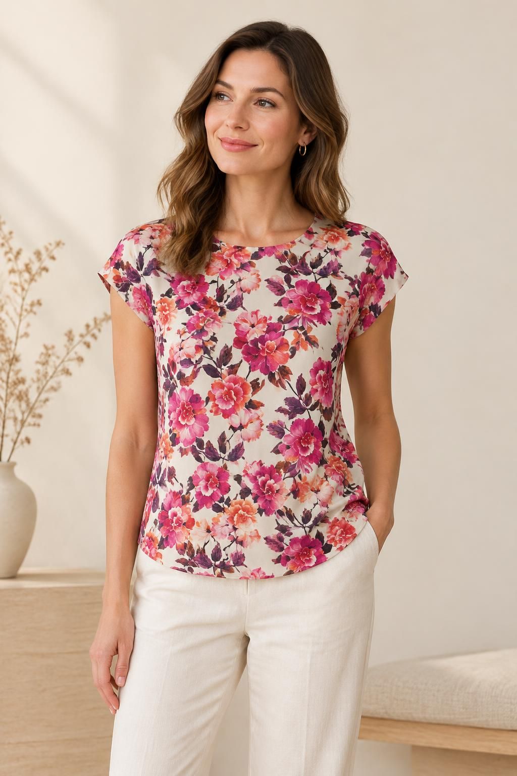 Inspiration Le top avec le tissu Crêpe de polyester, motif fleuri romantique