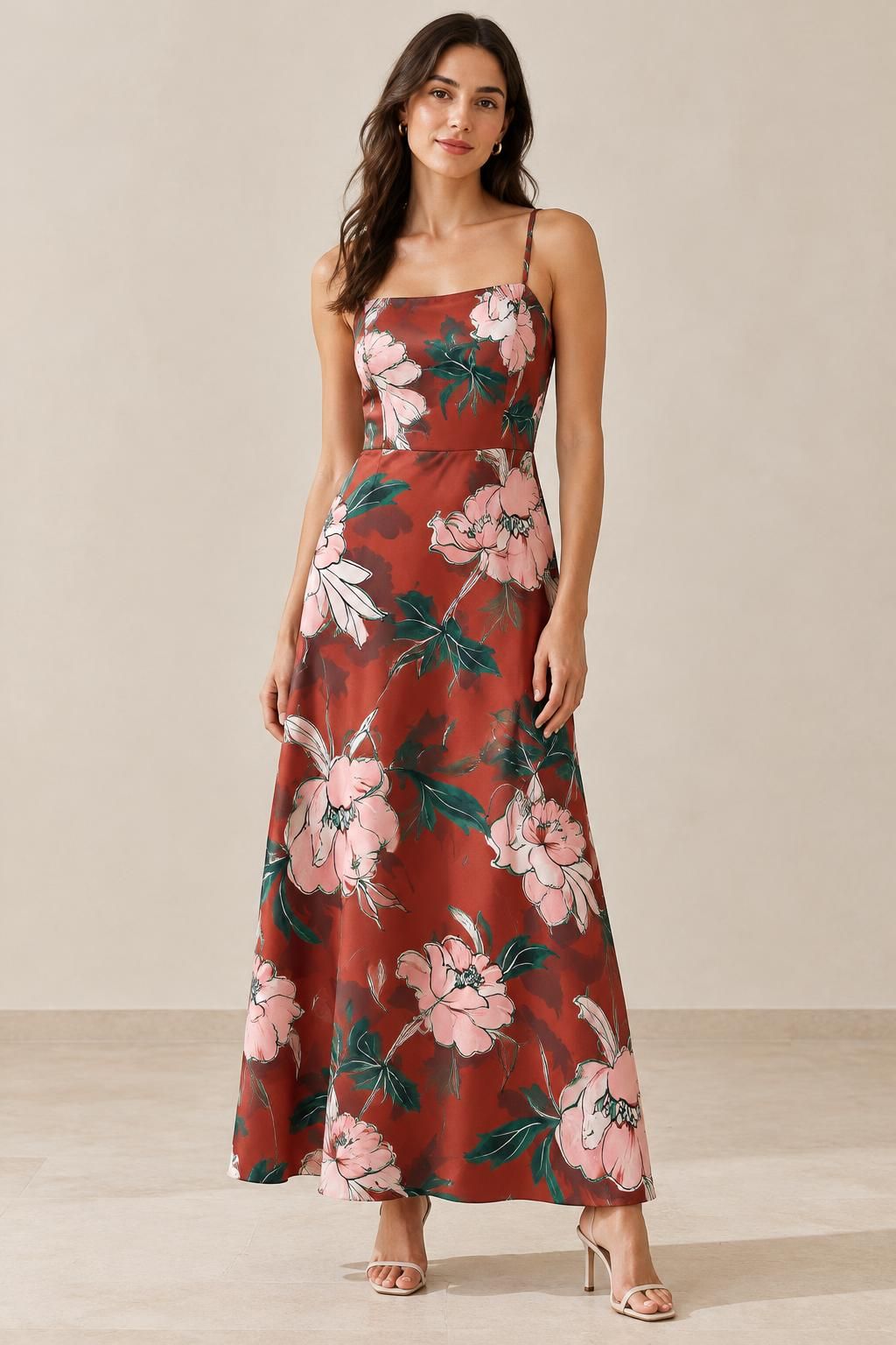 Inspiration La robe avec le tissu Sergé de polyester effet soie, grandes fleurs roses et feuillage vert