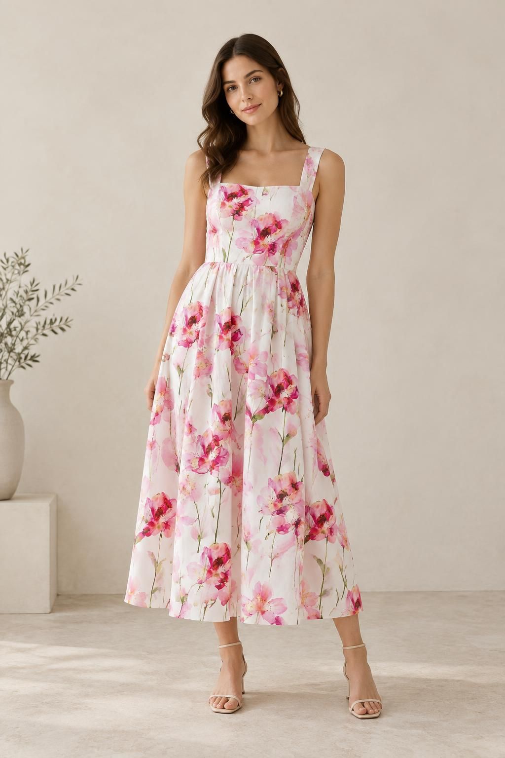 Ispirazione L’abito con il tessuto Popeline - tessuto in cotone fluido, grande motivo floreale romantico rosa