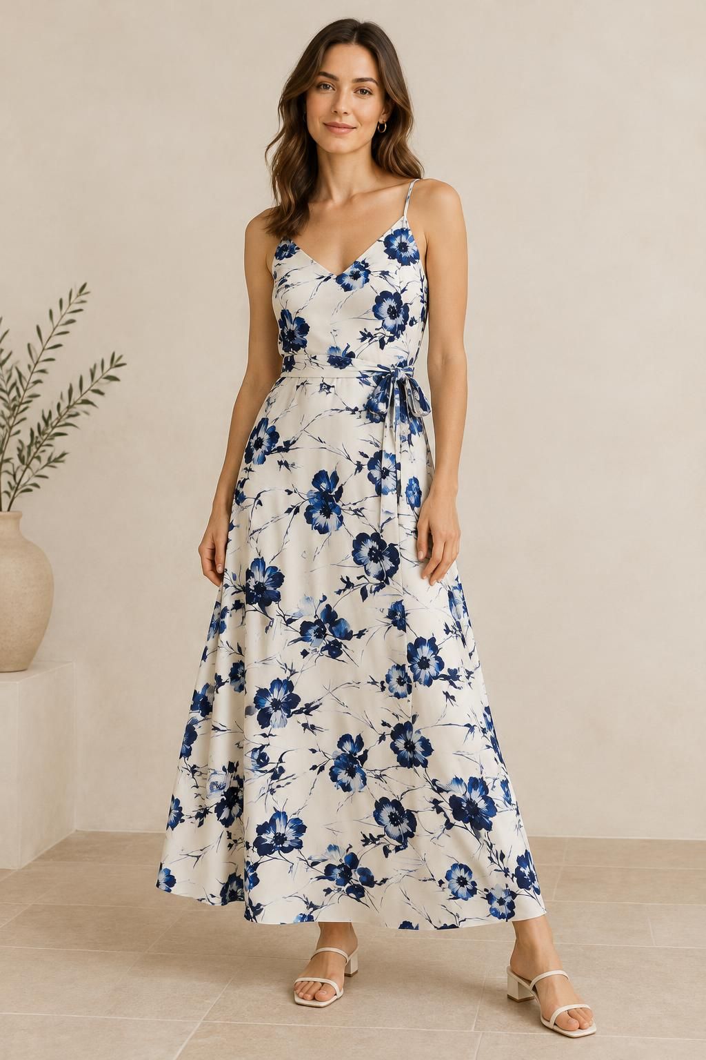Inspiração O vestido com o tecido Viscose fluida, grandes flores azuis sobre fundo creme