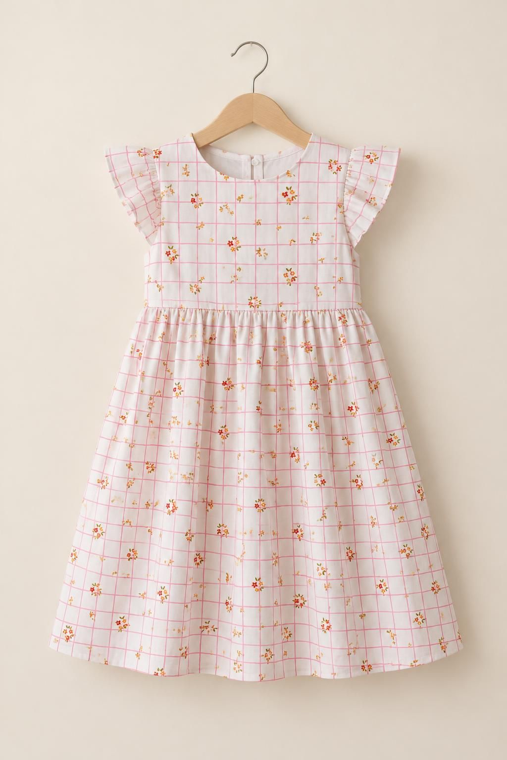 Inspiration La robe enfant avec le tissu Popeline de coton, quadrillage rose et fleurs champêtres