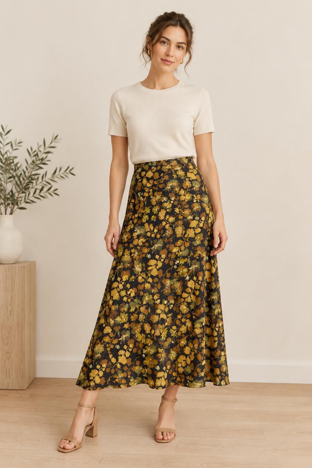 Inspiración La falda con el tejido Crêpe de viscose pesado, estampado floral retro multicolor