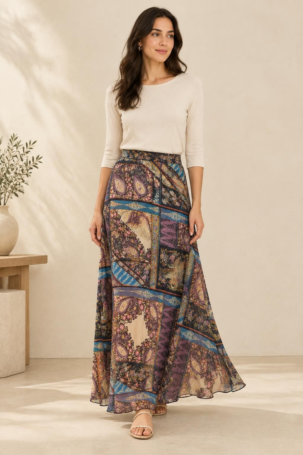 Ispirazione La gonna con il tessuto Voile - tessuto in voile di viscosa, patchwork floreale e cachemire bohémien