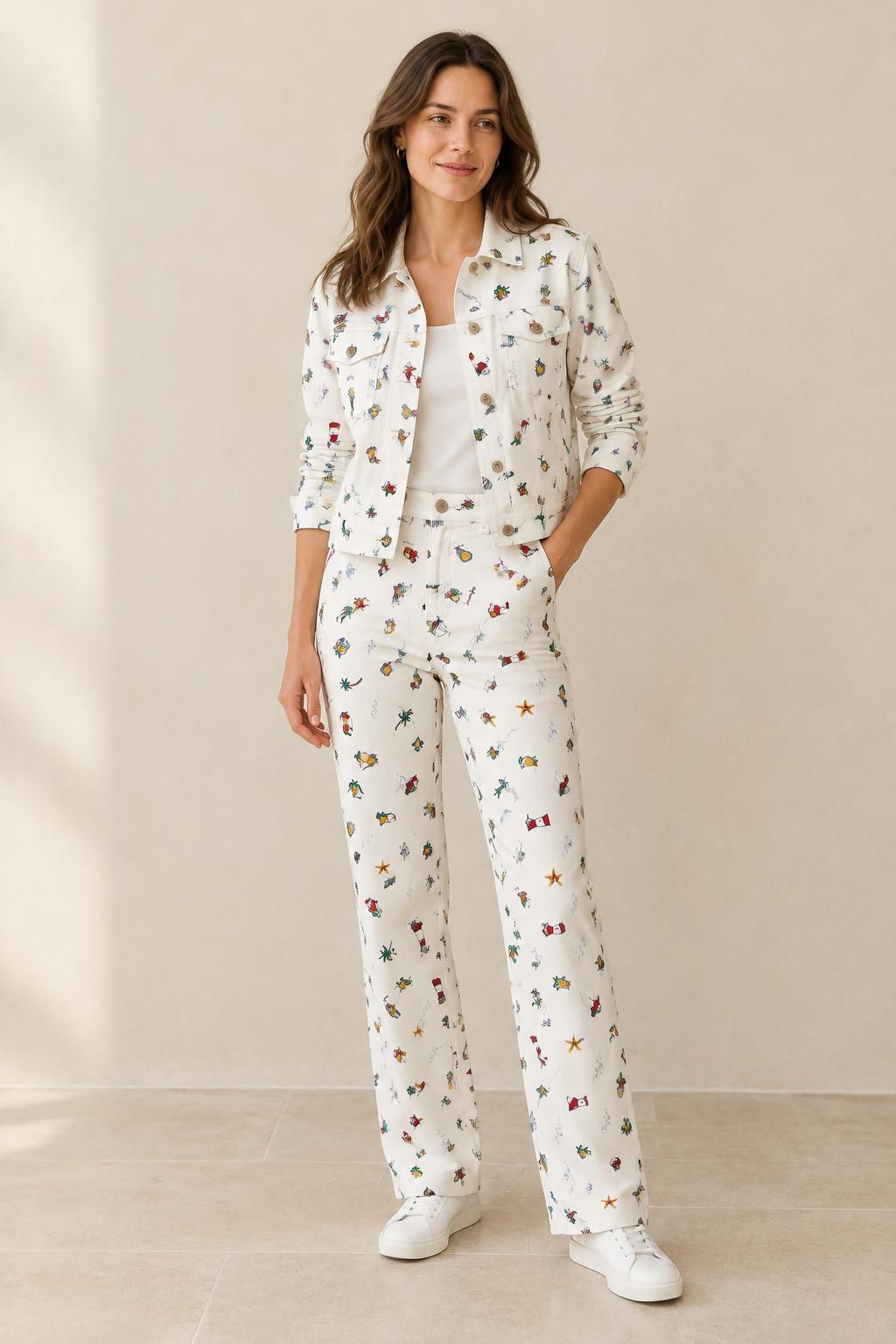 Inspiration La veste avec le tissu Sergé de coton extensible, motif marin tropical multicolore