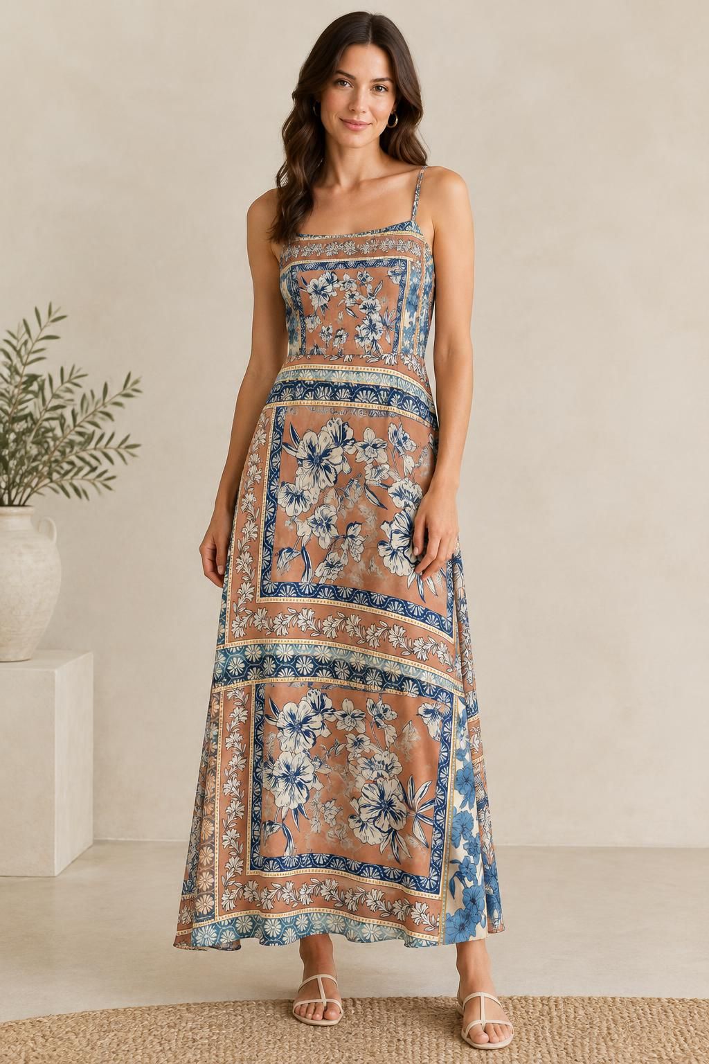 The dress inspiration using Polyester satin chiffon, multicoloured geometric floral print fabric