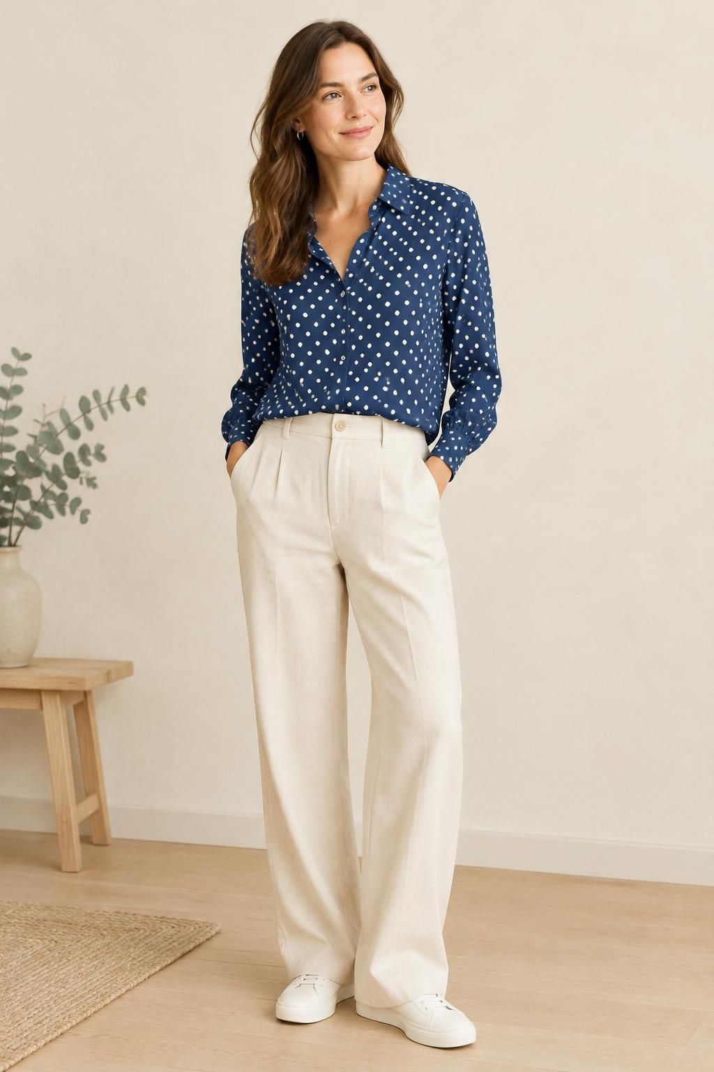 Inspiration La blouse avec le tissu Viscose Ecovero, pois blancs sur fond bleu