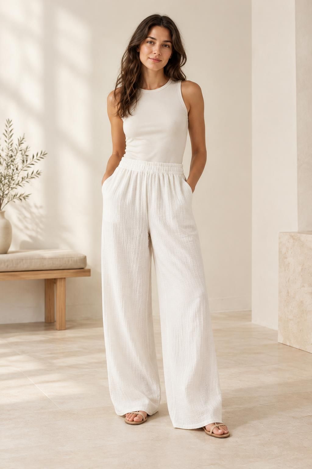 Inspiration Le pantalon avec le tissu SISSY - Crépon de coton gaufré esprit seersucker