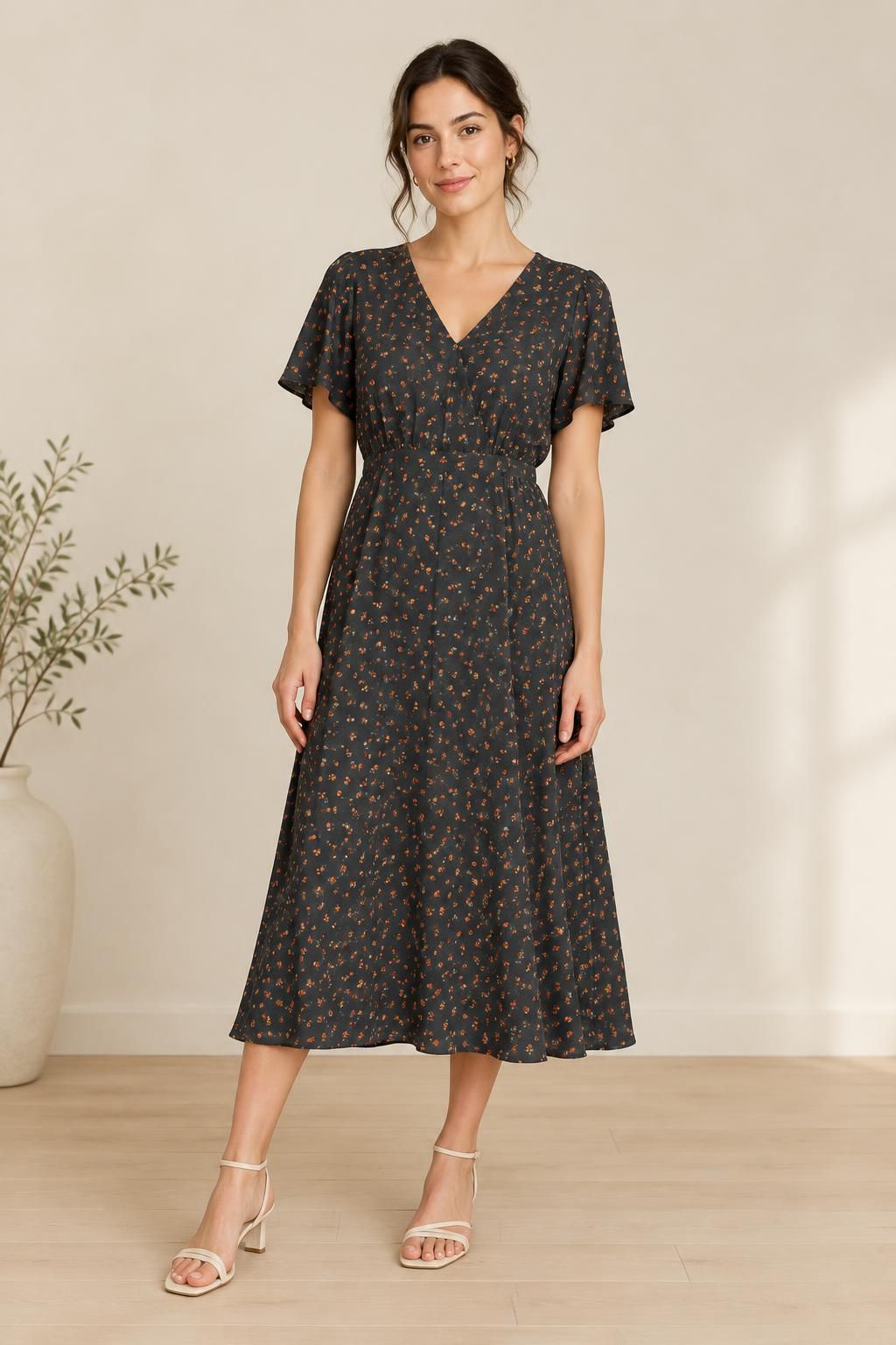 Inspiration La robe avec le tissu Viscose Ecovero, petites fleurs orange sur fond noir