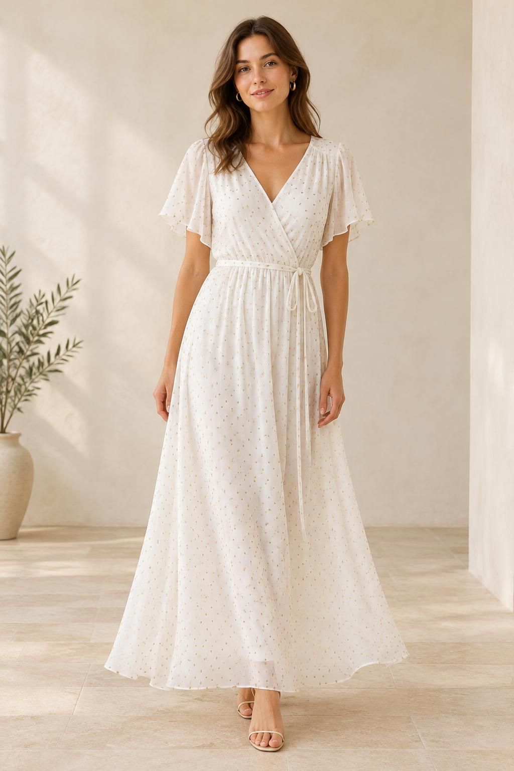 The dress inspiration using AURÉA - Viscose batiste with gold plumetis fabric