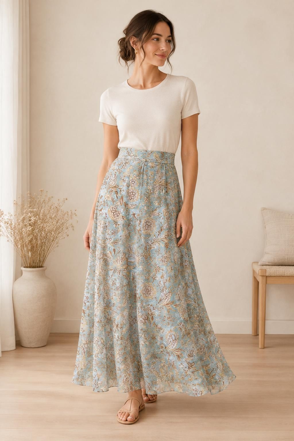 Inspiration La jupe avec le tissu Voile de polyester, motif fleuri bohème
