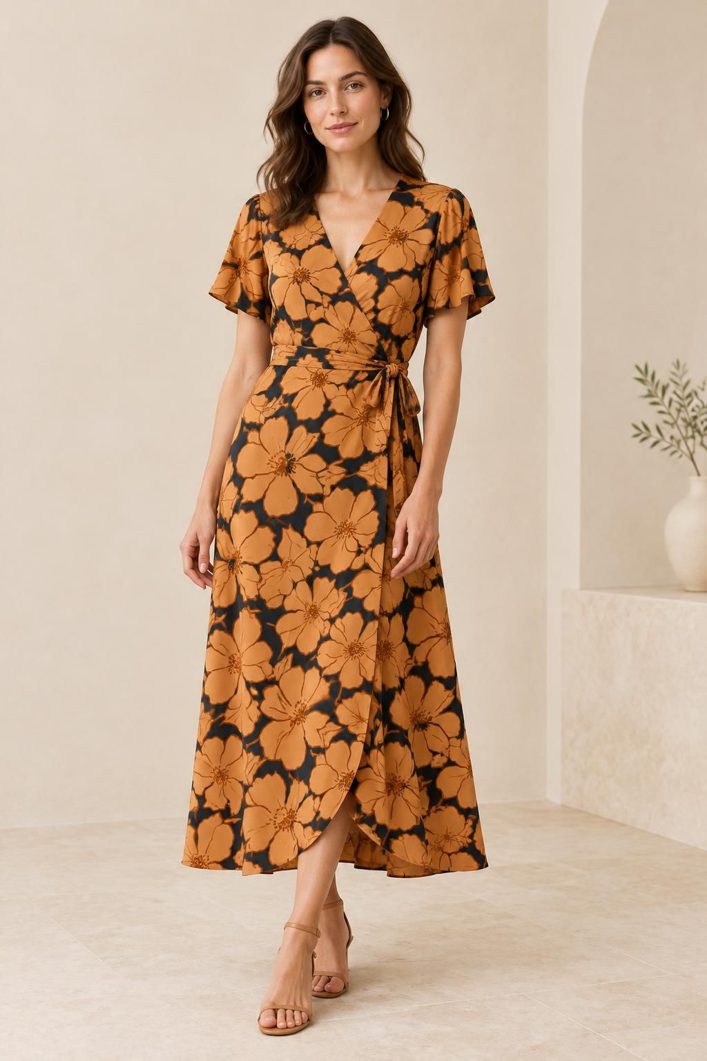 Inspiration La robe avec le tissu Crêpe de viscose lourd, motif fleuri rétro orange et noir