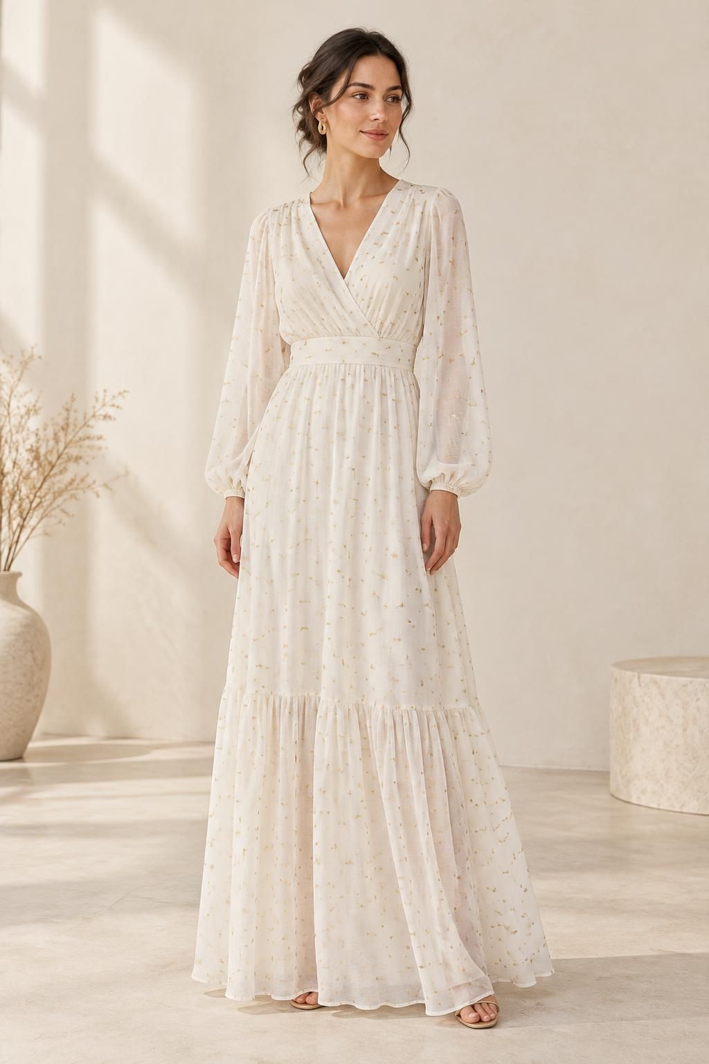 The dress inspiration using ZINIA - Viscose gauze with lurex plumetis fabric