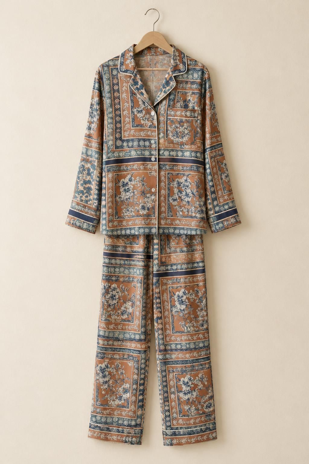 The pyjamas inspiration using Polyester satin chiffon, multicoloured geometric floral print fabric